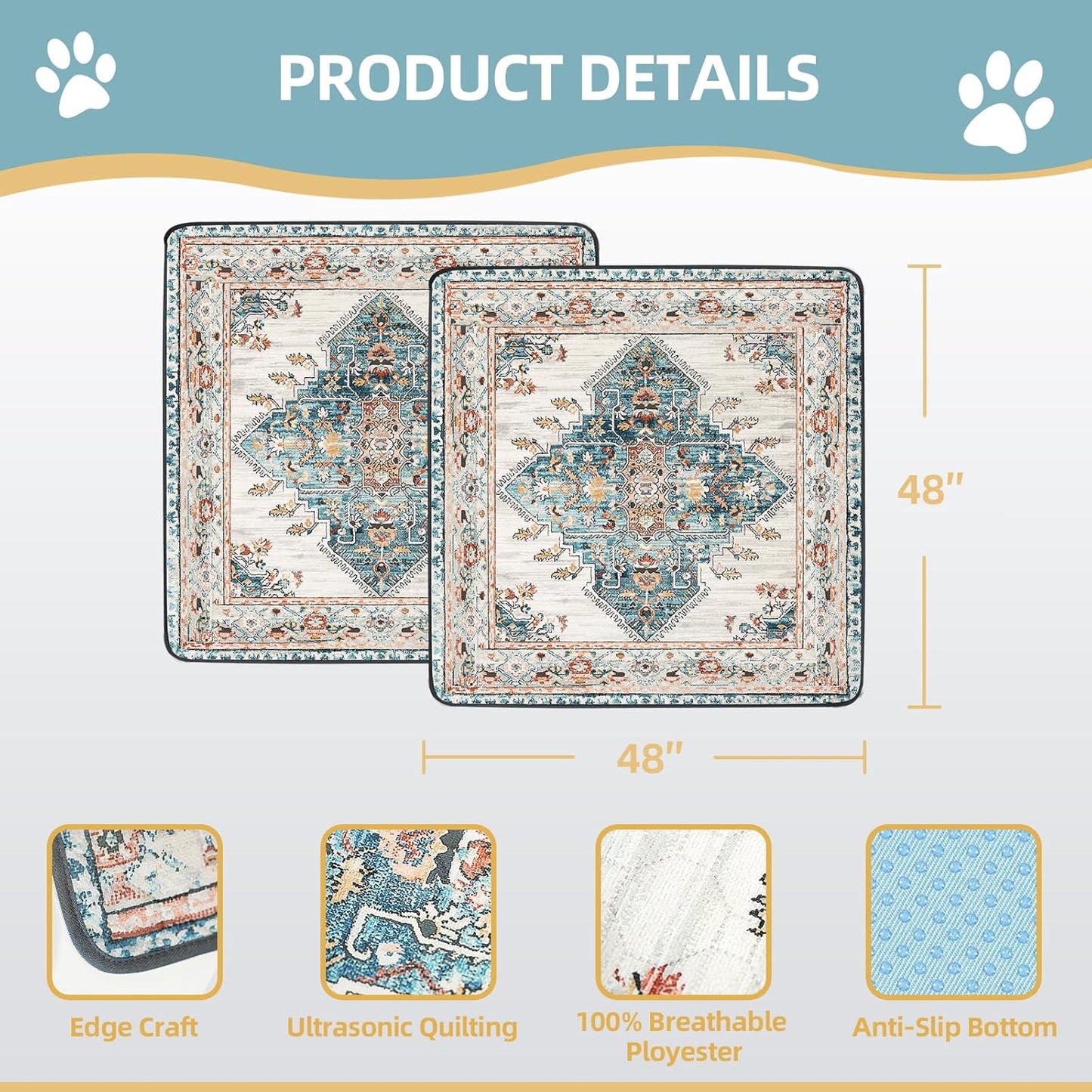 Washable Pee Pads for Dogs Large 2 Pack, 48" X 48" Reusable Puppy Pads Waterproof Dog Rugs, Super Absorbent, Leakproof, Dog Crate Pad, Playpen Mat, Whelping Pads, Blue Medallion